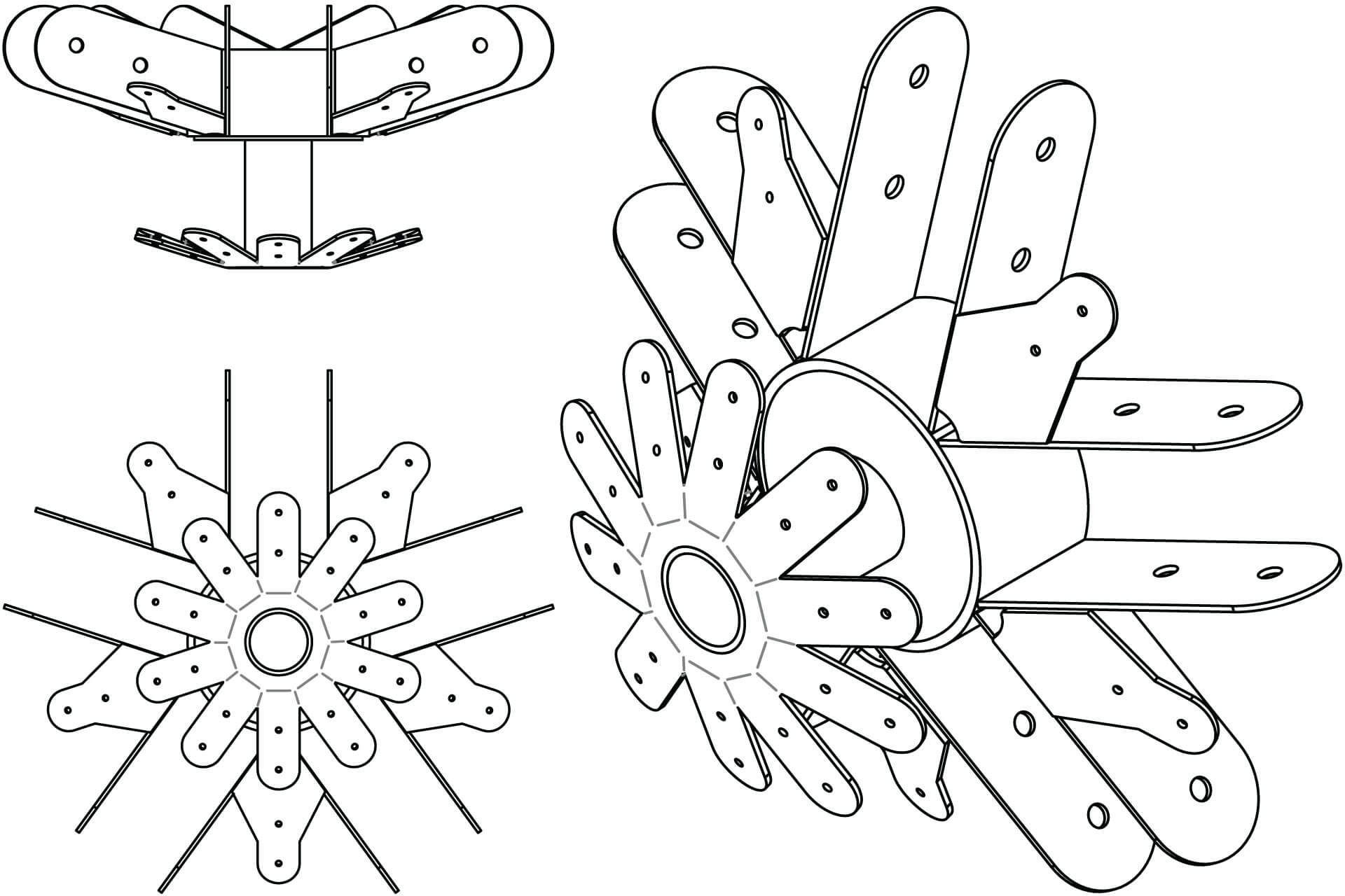 Black and white drawing of a five-finger hub weldment for Dodeca Domes, emphasizing the complexity that is involved in manufacturing them.