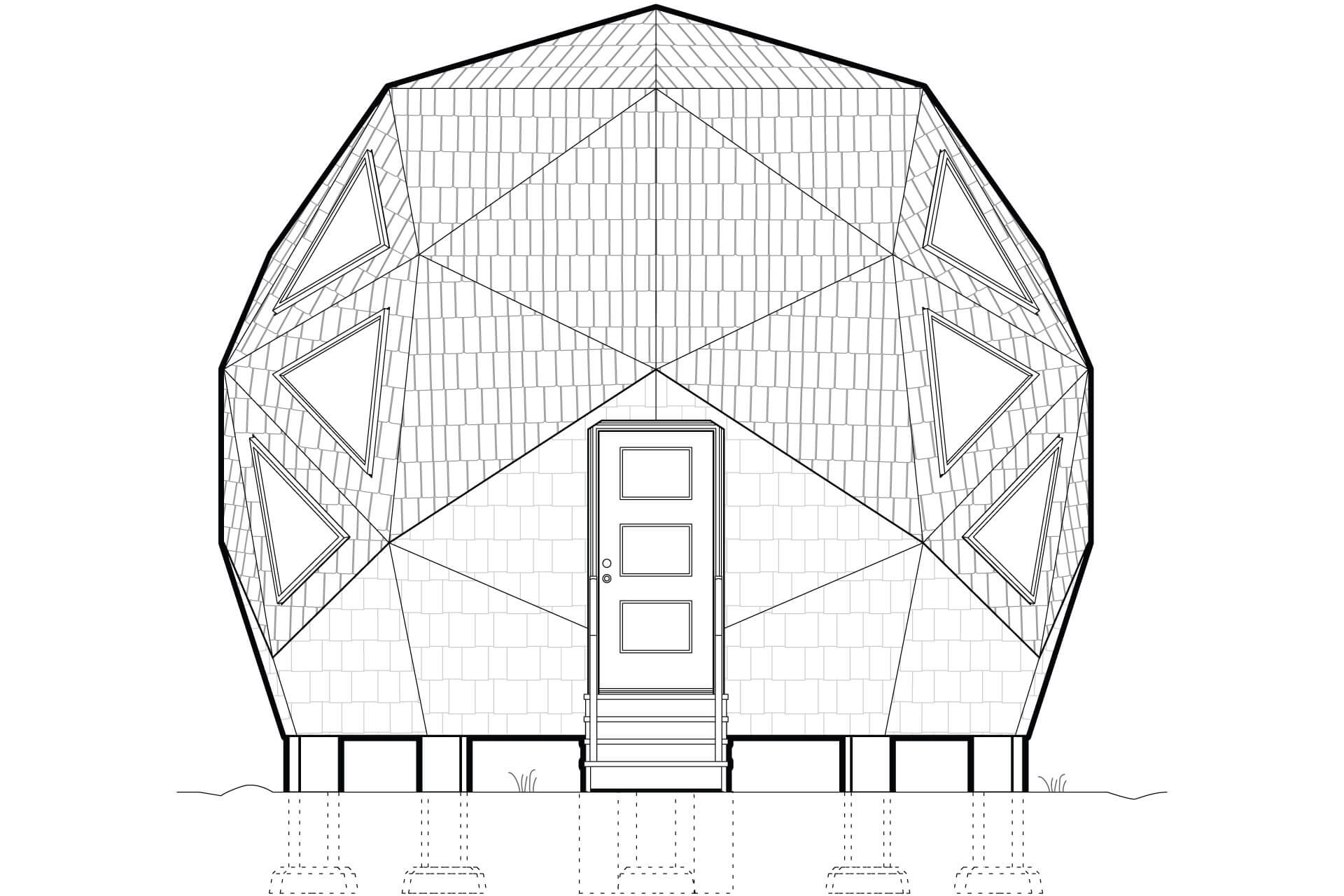 Black and white drawing of the front elevation of a mini geodesic home.