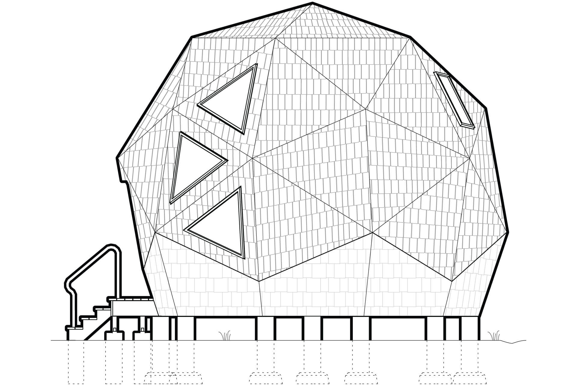 Black and white drawing of the side elevation of a mini geodesic home.