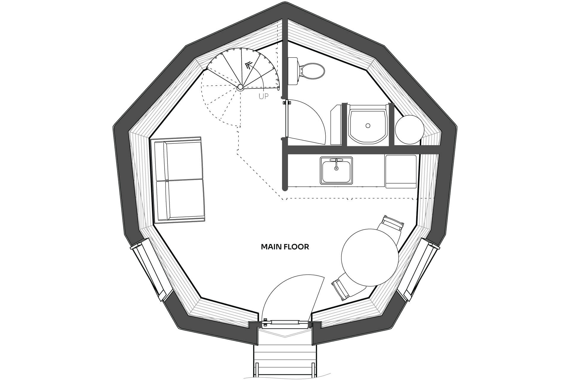 Black and white drawing of the main floor plan for a mini geodesic home, emphasizing a highly space-efficient layout.