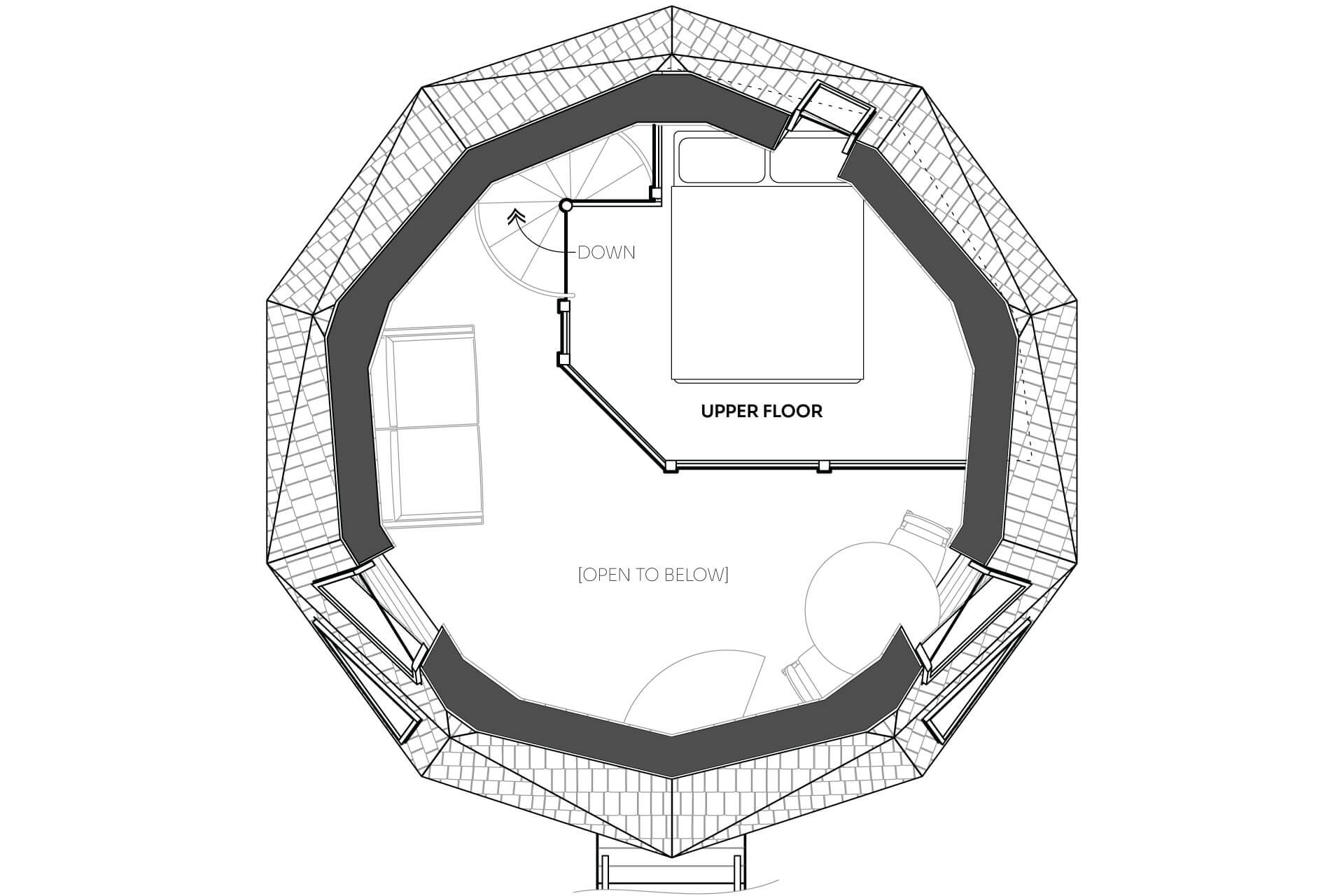 Black and white drawing of the upper floor plan for a mini geodesic home, showcasing a highly space-efficient layout.