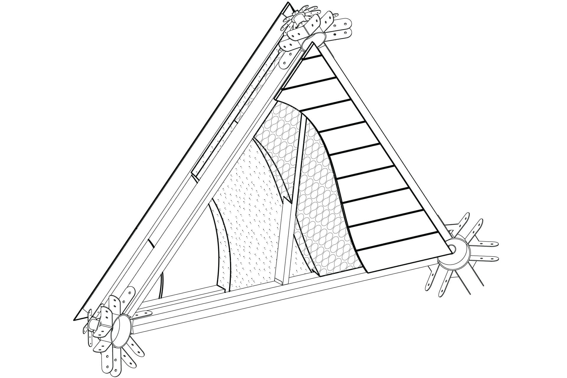 Black and white drawing of a Dodeca Domes wall segment, showing the structure, and various layers of the wall, especially the large amount of insulation.